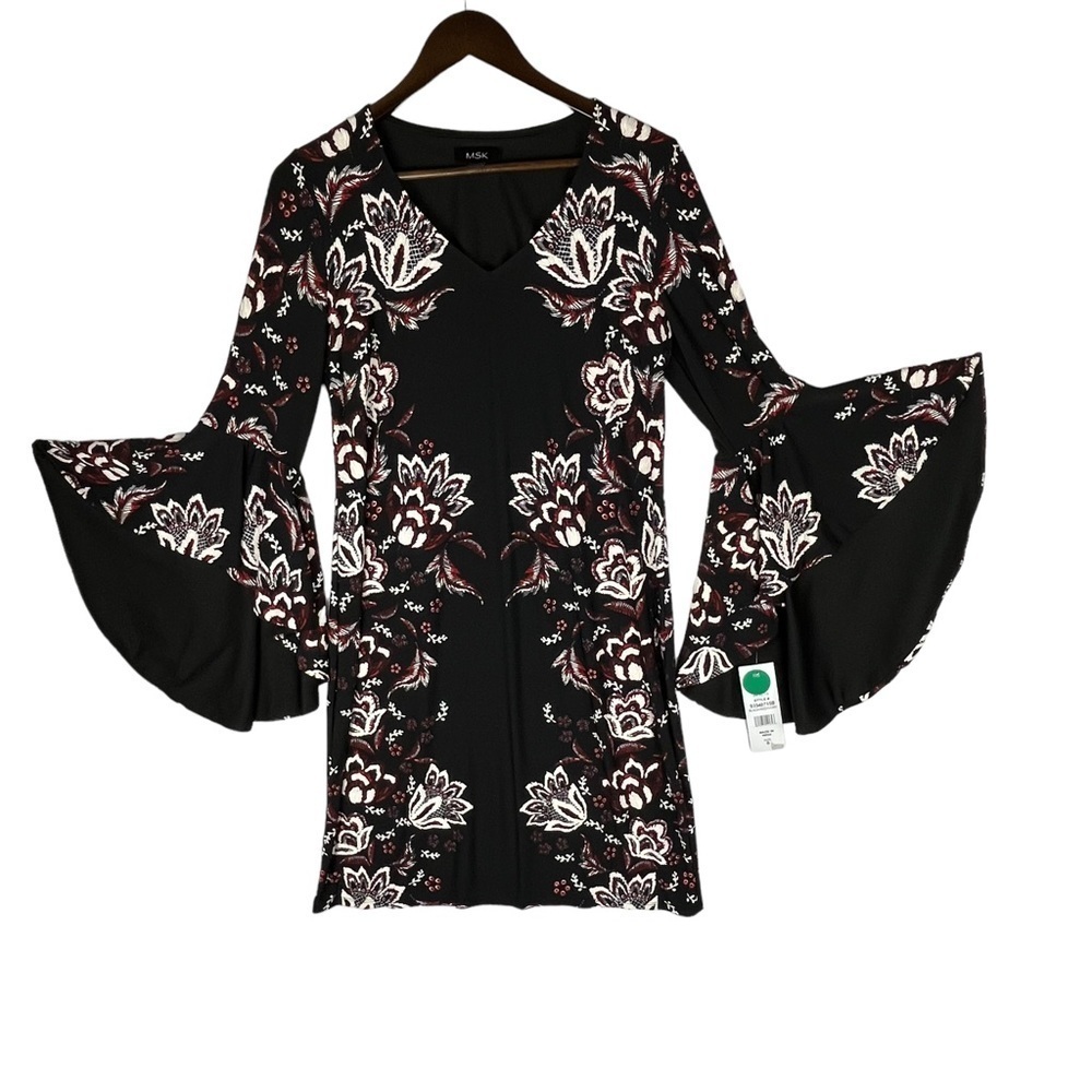 MSK Black and White Floral Bell Sleeve Midi Dress